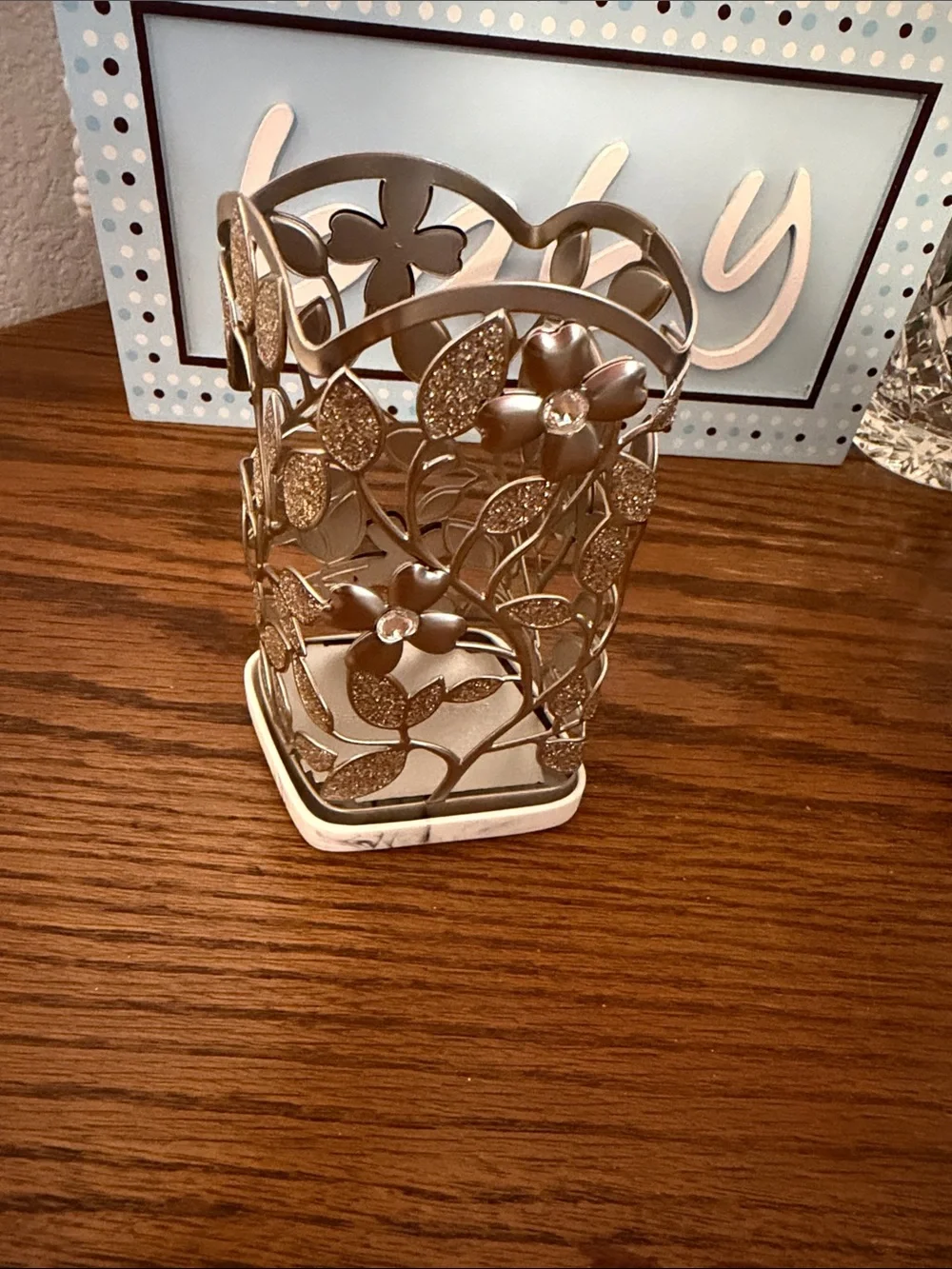 Bath & Body Works Gold Floral Metal Candle Holder with Glitter Accents